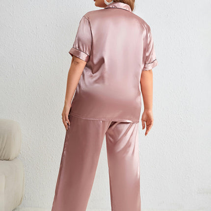 Imitation Ice Silk Fashion Casual Pajamas 2-Piece Set Loose Pants Short Sleeve Pajamas Home Clothes