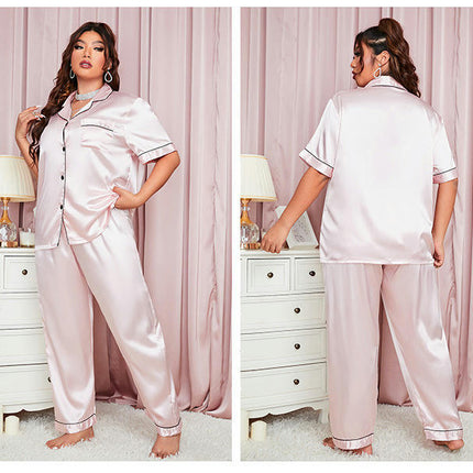 Imitation Ice Silk Fashion Casual Pajamas 2-Piece Set Loose Pants Short Sleeve Pajamas Home Clothes