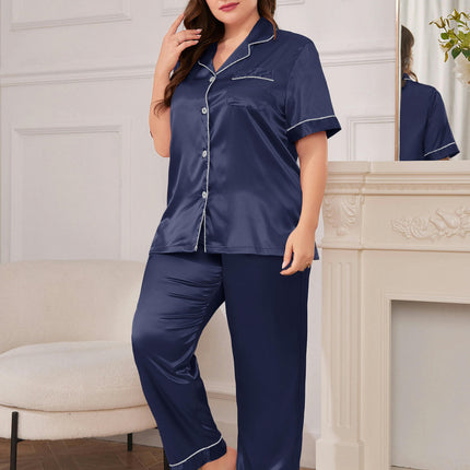 Imitation Ice Silk Fashion Casual Pajamas 2-Piece Set Loose Pants Short Sleeve Pajamas Home Clothes