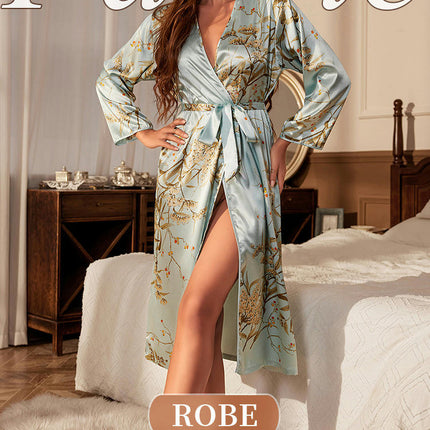 Imitation silk Long Robe For Women-Long Sleeves With Printed Satin Robe For Women Sexy Sleepwear