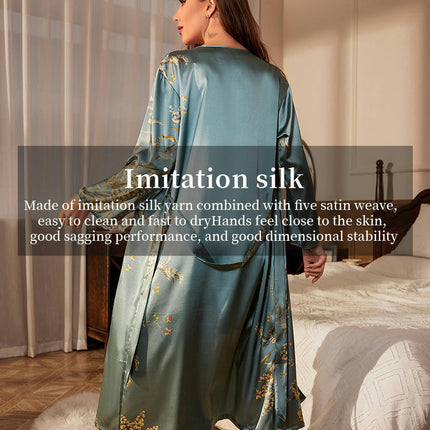 Imitation silk Long Robe For Women-Long Sleeves With Printed Satin Robe For Women Sexy Sleepwear