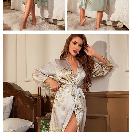 Imitation silk Long Robe For Women-Long Sleeves With Printed Satin Robe For Women Sexy Sleepwear