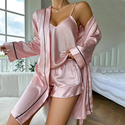 Women's 3pcs Imitation Ice Silk Satin Pajamas Set Cami Top and Shorts Sleepwear Set with Robe