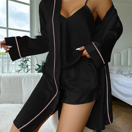 Women's 3pcs Imitation Ice Silk Satin Pajamas Set Cami Top and Shorts Sleepwear Set with Robe