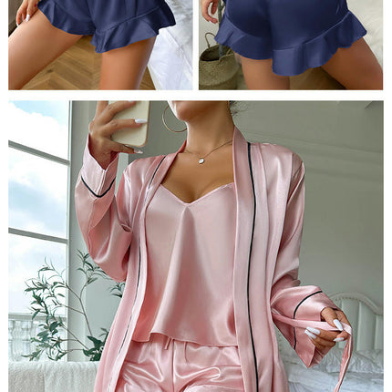 Women's 3pcs Imitation Ice Silk Satin Pajamas Set Cami Top and Shorts Sleepwear Set with Robe