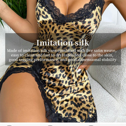 Women's Leopard Print One-Piece Nightgown Suspender Dress Home Clothes Imitation Silk Pajamas