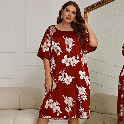 Women's Imitation Silk Nightgown Loose Nightdress Printed Short Sleeve Dress