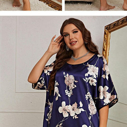 Women's Imitation Silk Nightgown Loose Nightdress Printed Short Sleeve Dress