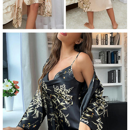 Women's Imitation Silk Lace-up Nightgown Nightdress Two-piece Set-Thin Medium-length Pajama Set