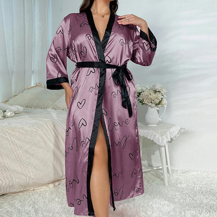 Women's Fashion Casual Loose Printed Pajamas - Long Imitation Silk Sexy Nightdress