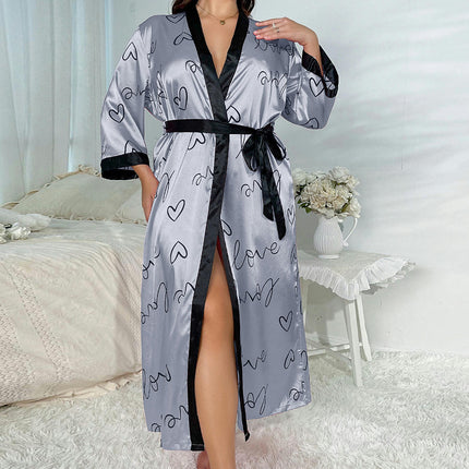 Women's Fashion Casual Loose Printed Pajamas - Long Imitation Silk Sexy Nightdress