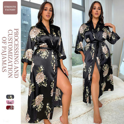 Women's Fashion Casual Loose Printed Pajamas - Long Imitation Silk Sexy Nightdress