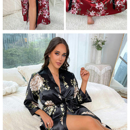 Women's Fashion Casual Loose Printed Pajamas - Long Imitation Silk Sexy Nightdress