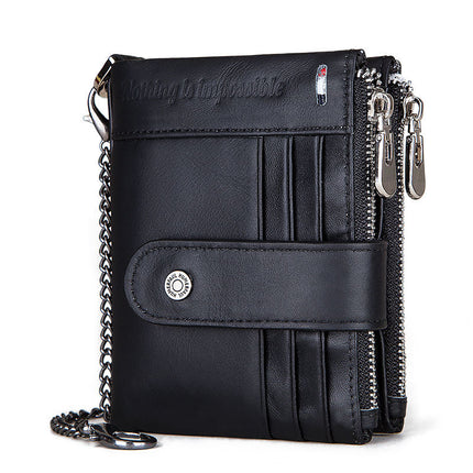 Men's Wallet with Chain, Leather Wallet, Double Zipper Coin Pocket with Anti-theft Chain, Business Card Card Case