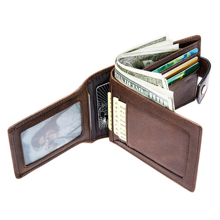 Fashion Genuine Leather Men's Wallet Short Men's Wallet With Buckle Trifold Wallet Clutch, Leather Casual Fashion Money Clip