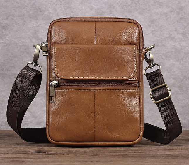 Genuine Leather Flap Men's Crossbody Bag, Small Crossbody Bag, Casual Shoulder Satchel Cell Phone Bag