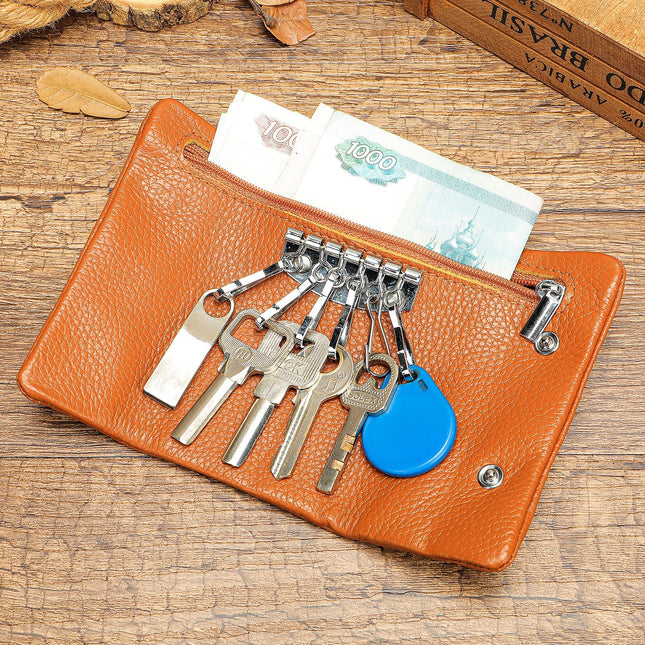 Genuine Leather Car Key Case Loop Hook Coin Case Cover Wallet Snap Key Case Coin Purse Compact Small Wallet