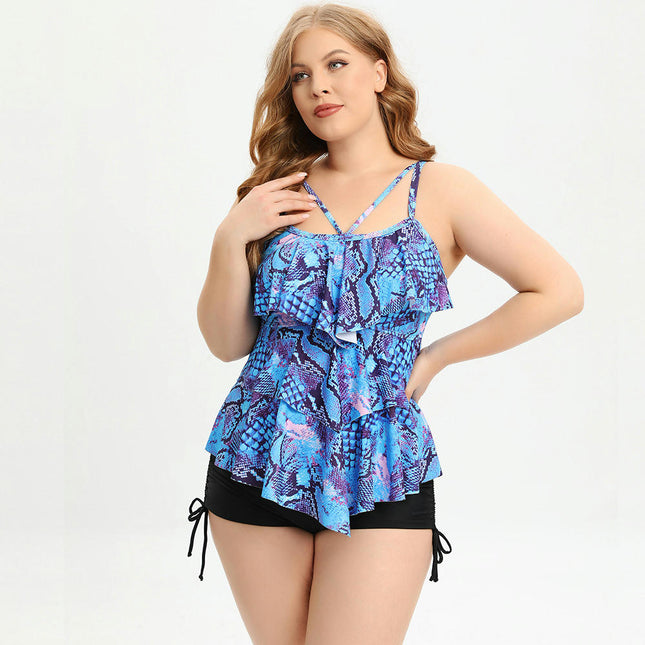 Women Plus Size Two Piece Tankini Swimsuit Layered Ruffle Flounce Top with Boyshorts