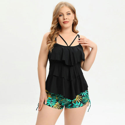 Women Plus Size Two Piece Tankini Swimsuit Layered Ruffle Flounce Top with Boyshorts