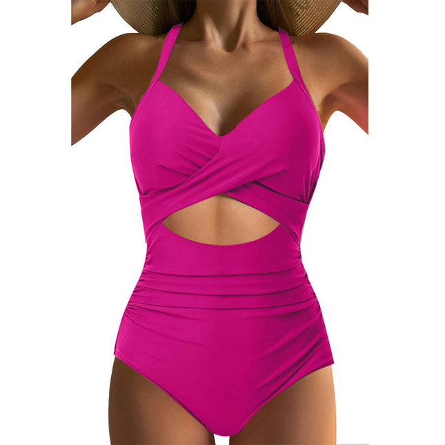 Women One Piece Tummy Control Swimsuits Push Up Bathing Suits Cutout Front Cross Swimwear