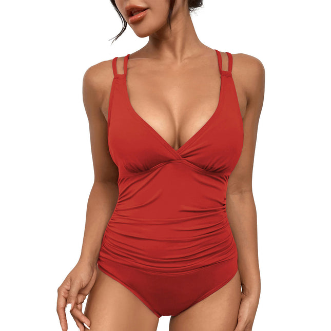 One Piece Crossover Swimsuit Tummy Control Ruched Push Up Bathing Suits for Women