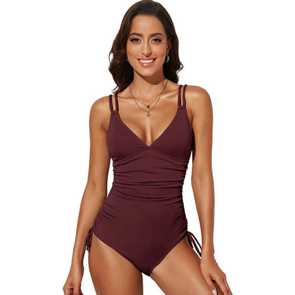 Women's Sexy Plunging Neck drawstring Solid Color One Piece Swimwear