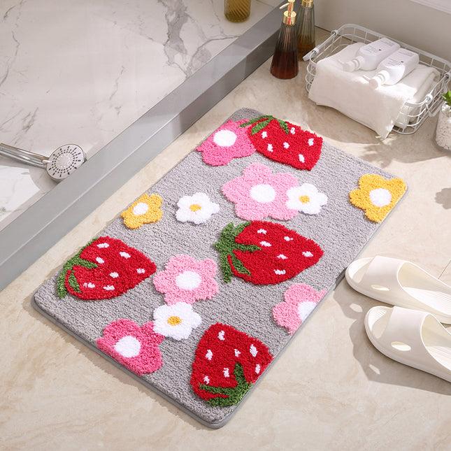 Strawberry Pattern Velvet Rug Bath Mat Non-Slip Doormat Absorbent Bathtub Shower Mat for Bedroom Bathroom Home Decor