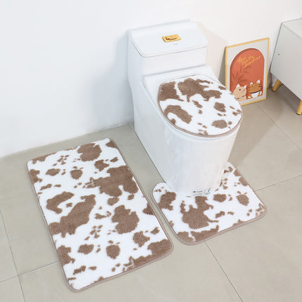 Cow Print Bathroom Rug 3-Piece Set - Ultra Soft, Non-Slip Faux Rabbit Plush Rug 3-Piece Set (U-Profile Toilet Rug, Rug and Toilet Cover