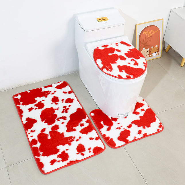 Cow Print Bathroom Rug 3-Piece Set - Ultra Soft, Non-Slip Faux Rabbit Plush Rug 3-Piece Set (U-Profile Toilet Rug, Rug and Toilet Cover