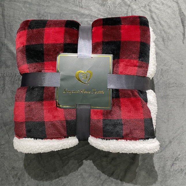 Lambswool blanket sofa bed, red and black plaid printed fluffy blanket, facecloth soft blanket, double layer plush fleece blanket, warm and cozy thick winter bed blanket